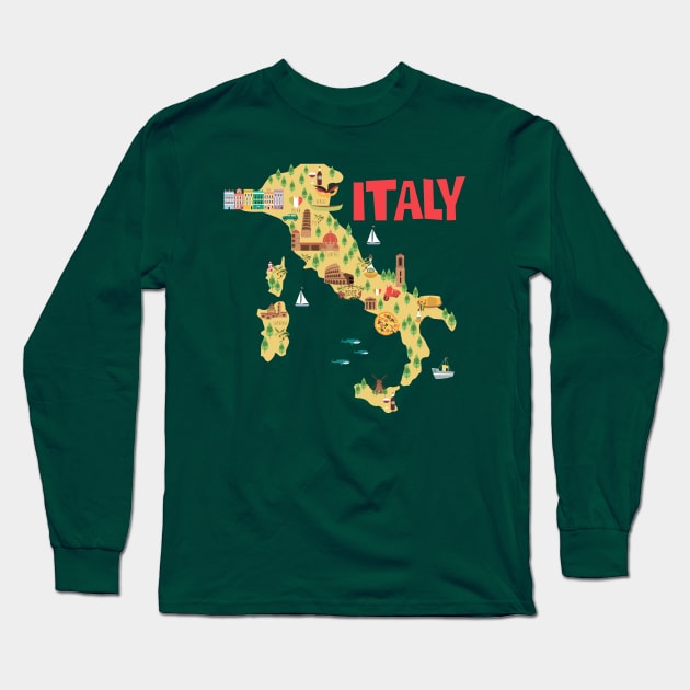 Italy Illustrated Map Long Sleeve T-Shirt by JunkyDotCom